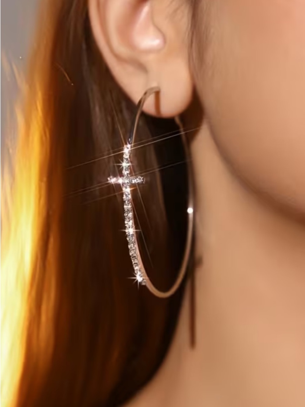 Elegant SILVER TONE Hoop Earrings with Crystal Cross Accent NWT